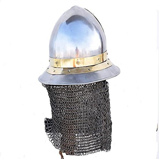 Mittelalterlicher byzantinischer Kesselhut 16 Gauge mit 9mm flachen, vernieteten Ringen Kettenhemd Silber