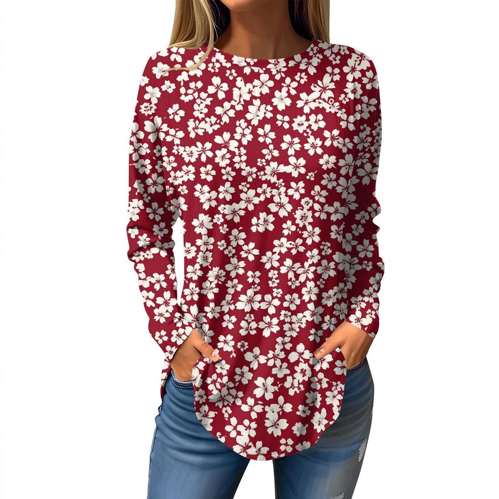 Women's Loose Casual Printed Round Neck Long Sleeved T Shirt Top Pullover Long Sleeved Sweatshirt