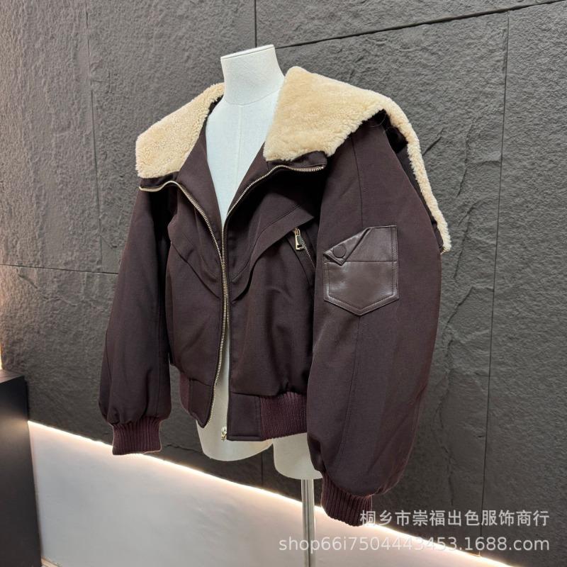 Autumn and winter new splicing lamb wool coat goose down jacket lapel short jacket thickened