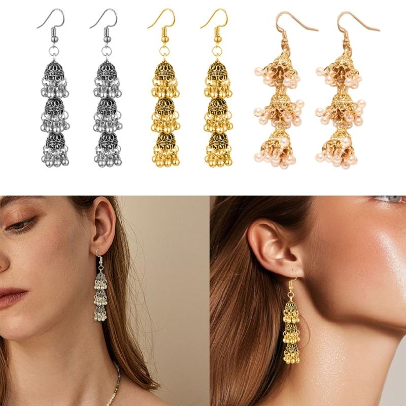 Three Layer Hollow Out Bell Tassels Bohemian Dangling Earrings Pair Made From Sturdy Alloy Versatile For Casual And Formal Wear