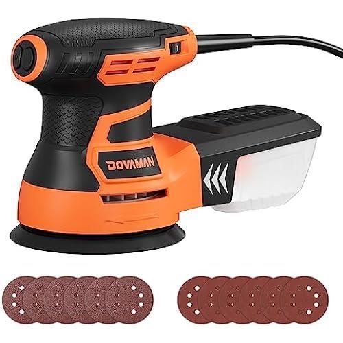 DOVAMAN ROS01A Ponceuse Orbitale, 350W Ponceuse Excentrique, 6 Vitesses, 13000 tr-min, Papier Abrasif 12 Pièces, Patin de Ponçage 12