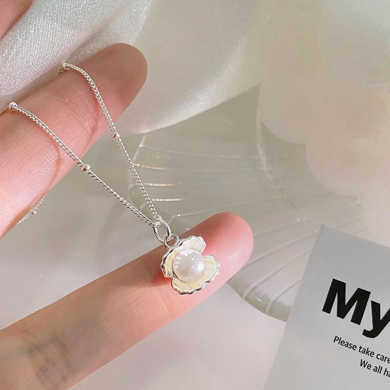 Sterling Pendant Necklace With Shell Pearl Charm Cross Chain Delicate Women 41-50cm Adjustable Length 925 Sterling Silver