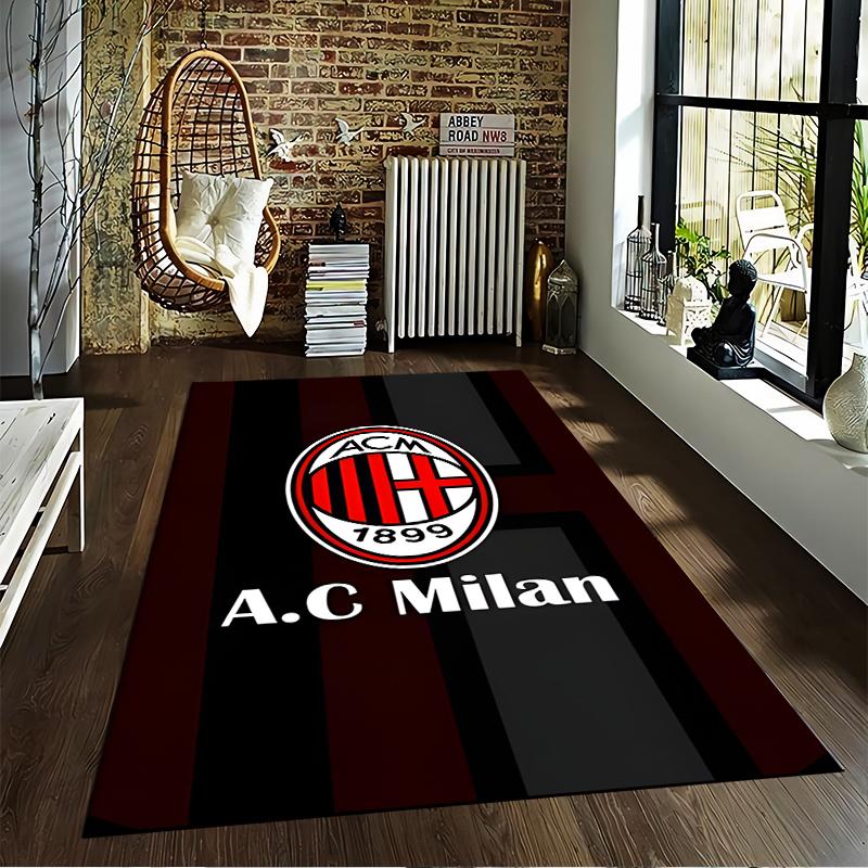 AC Mailand Teppich mit Streifenmuster, Logo und Text in Schwarz & Rot Geeignet für den Einsatz als Anti-Rutsch für Wohnzimmer Schlafzimmer Sofas