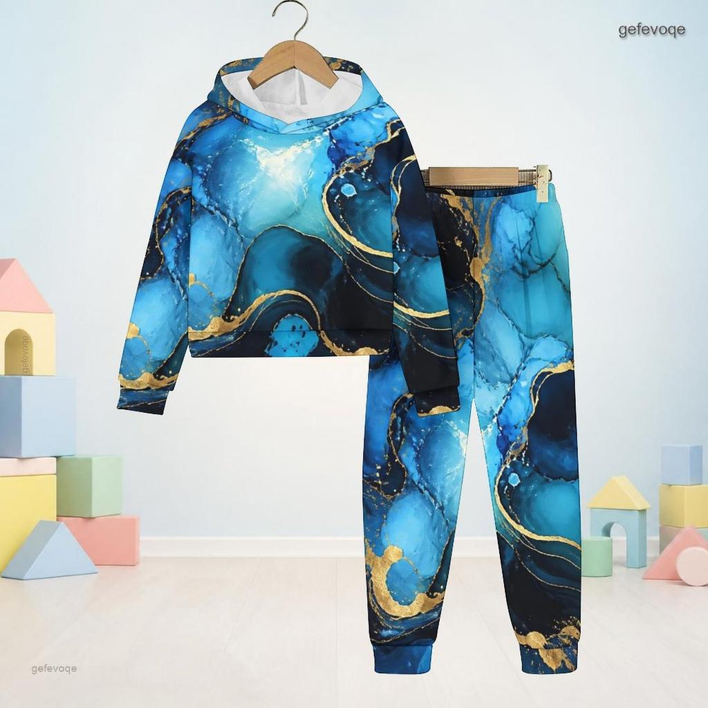 Kids Boys Girls Marble Printed Hooded Two Piece Set Long Sleeve Sweatshirt And Cuffed Pants Blue Black Gold