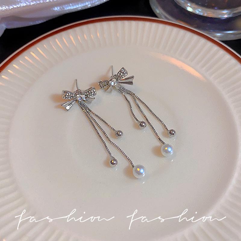 Korean-Style Diamond Tassel Bow Earrings - High-End Luxury Statement Jewelry