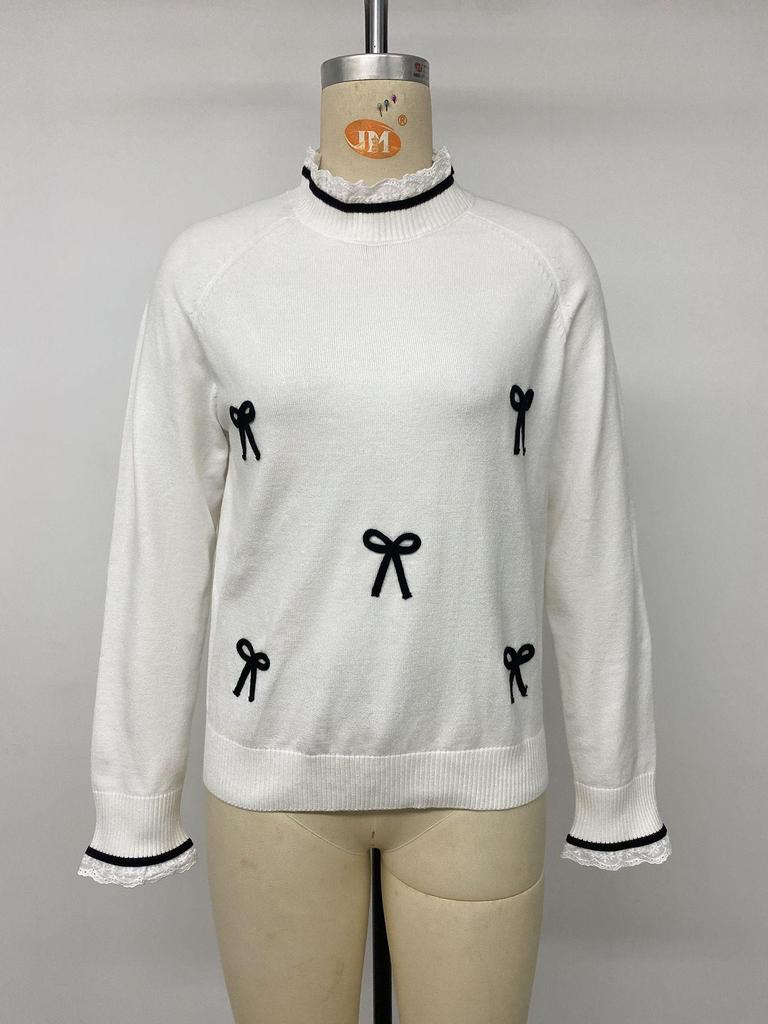 Autumn/Winter 2026 Color Block Bow Lace Patchwork Sweater for Women
