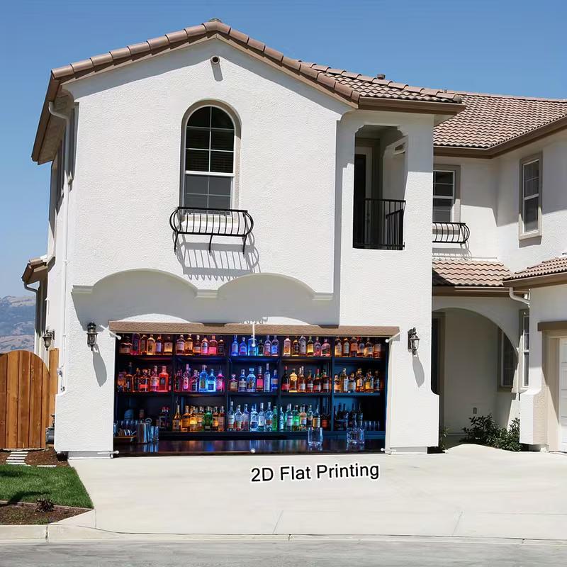 Outdoor Home Bar Garage Door Cover, Illuminated Liquor Bottles Print Backdrop