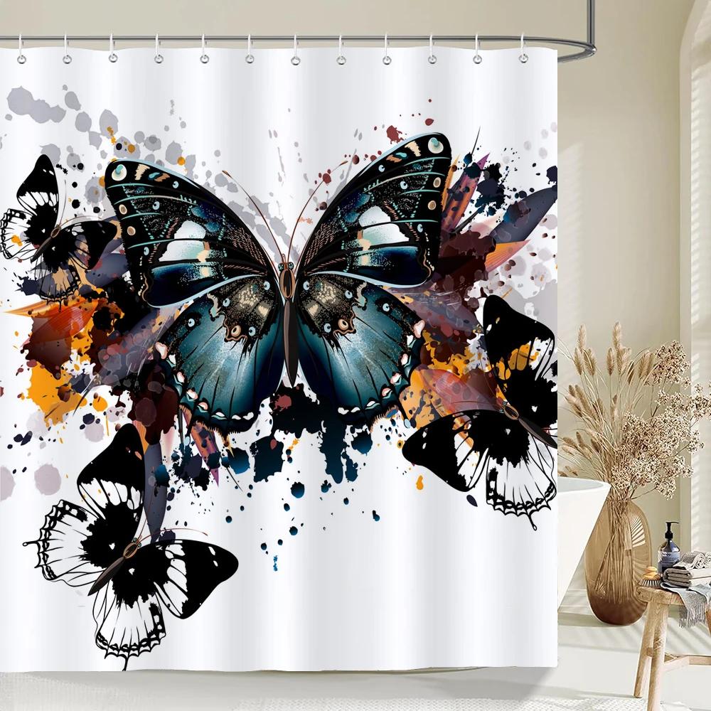 Beautiful Butterfly Shower Curtains Waterproof Fabric Colored Flowers Bath Curtain Bathroom Bathtub Decoration with Hooks