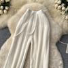 Autumn Winter Women Lazy Style Striped Knitted Sweater Drawstring Wide-leg Home Pant Trouser