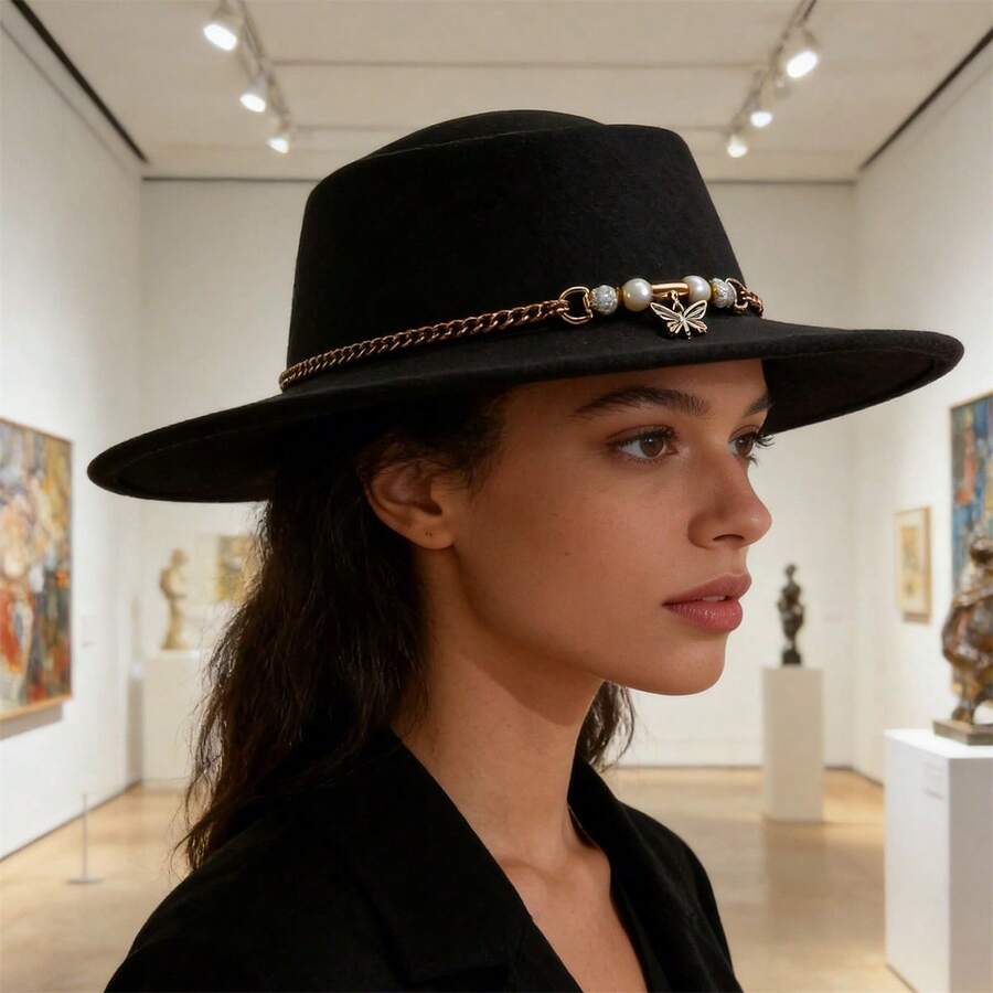 Vintage Western Wide Brim Felt Fedora Hat With Decorative Band For Women And Men