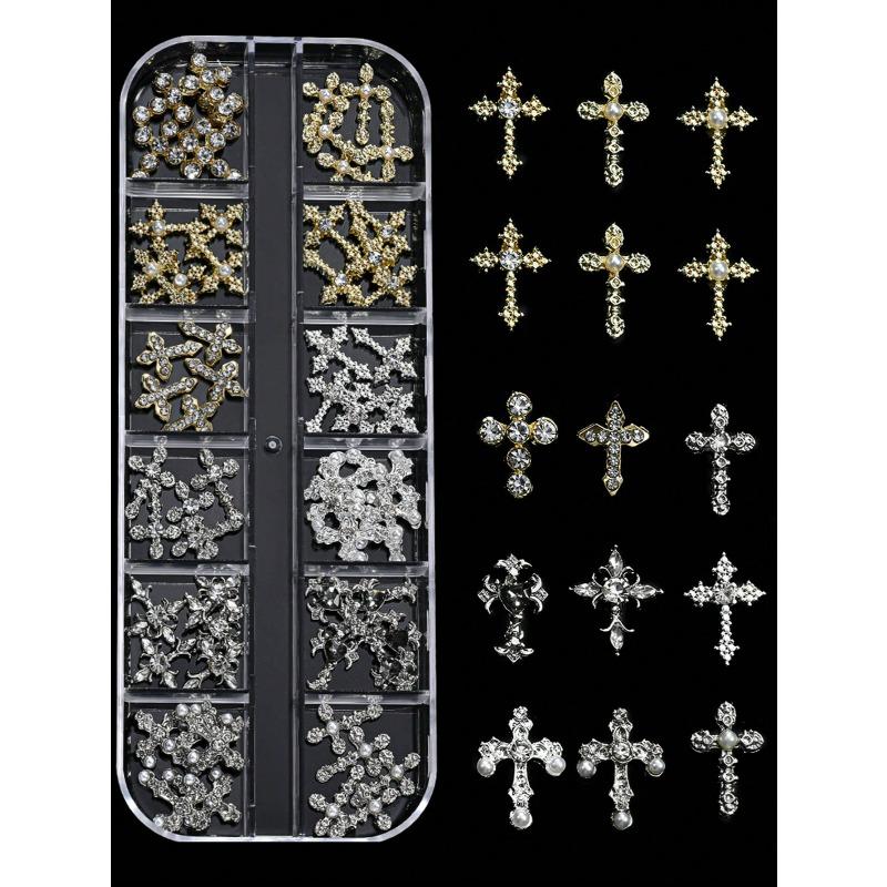 12Grids/Box Y2K Cross Mixed Style 3D Nail Art Rhinestone,Punk Gothic Alloy Cross Nail Decoration,Mixed 3D Nail Art Decoration For Manicure Supplies