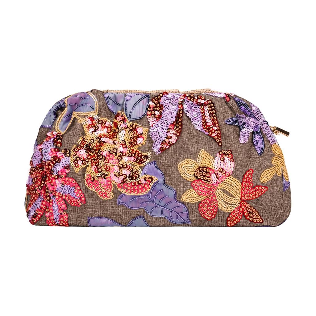 Slim Profile Sequined Woven Pouch Bag Lightweight Embroidered Floral Handbag