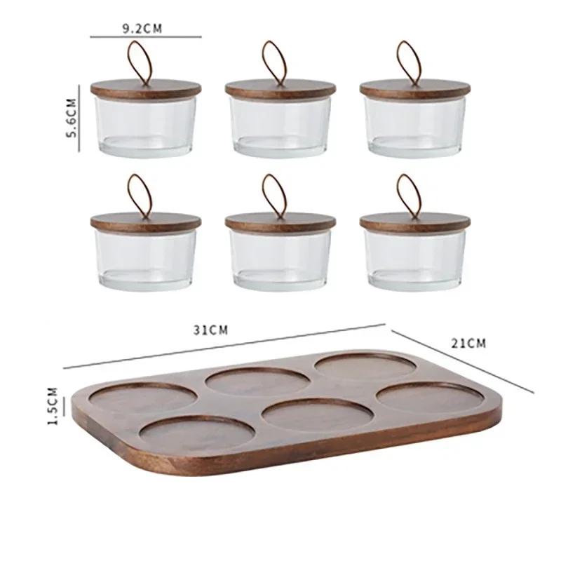 Japanese Dried Fruit Plate Glass Storage Bottle with Wooden Tray Lid Nut Fruit Snack Compartment Tray Household Snack Tray