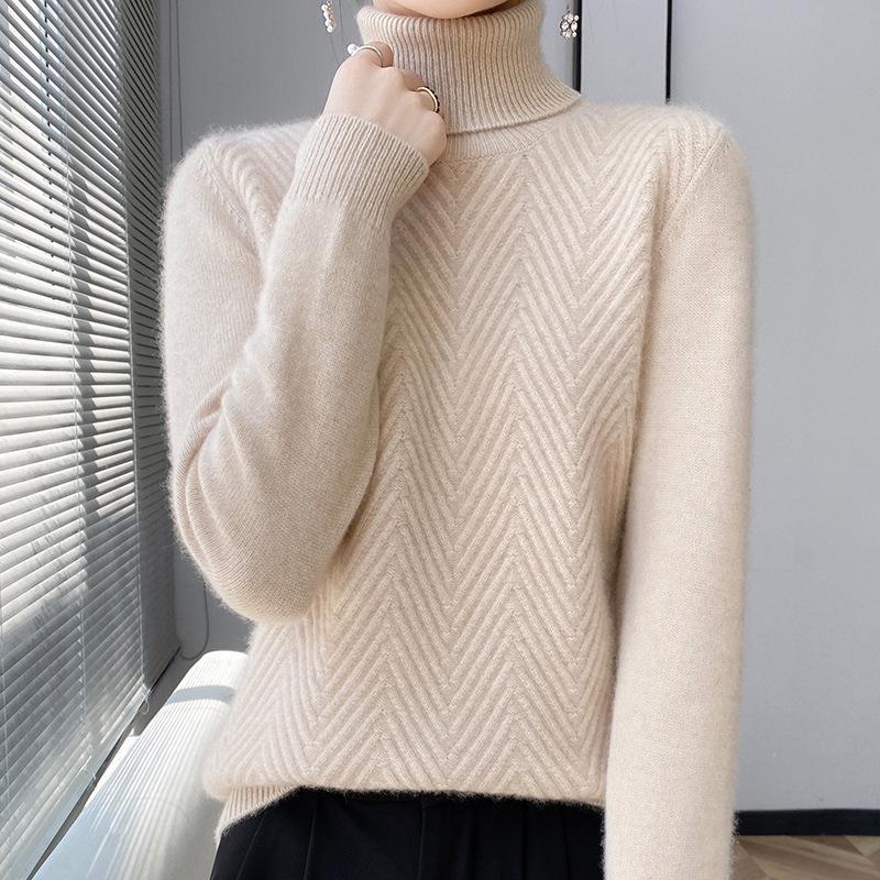 Women's High Collar Solid Color Loose Slimming Knit Pullover – 100% Pure Wool Base Layer Top for Autumn and Winter