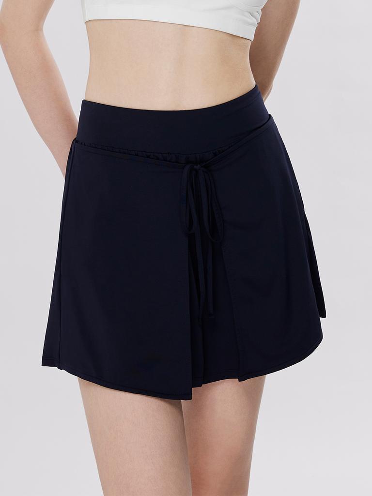 Bohemianbeullu [Set] String Tie Boat Neck Women'S Loose Fit Rash Guard Wn/Deep Navy Layered Wrap Shorts Set-Up