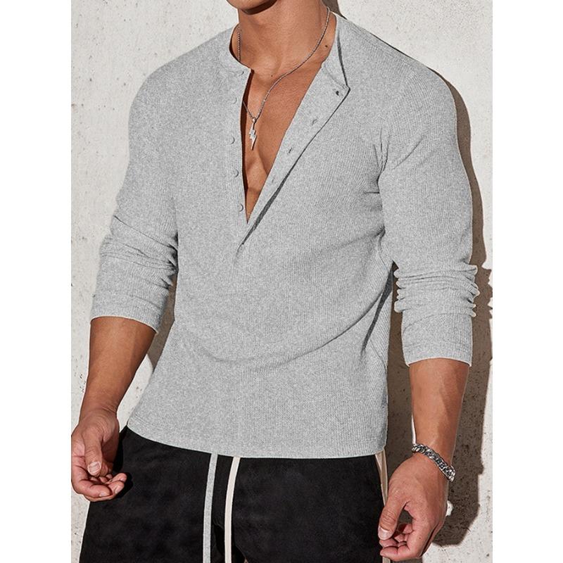 

Men Waffle Knit Henley Shirt Long Sleeve Deep V Neck Casual Slim Fit Basic Pullover Tops For Daily Wear S серый