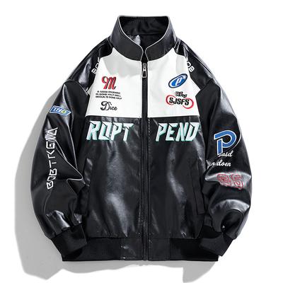 Embroidered Color Blocked Leather Jacket Men's PU Leather Jacket Stand Up