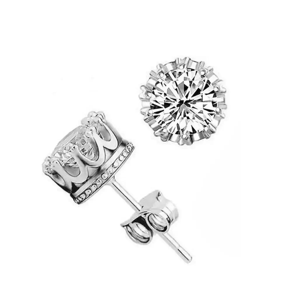 Gold Color Delicate Crown Small Stud Earrings Sparkling Round CZ Zircon Crystal for Women Men Classic Fashion Party Jewelry