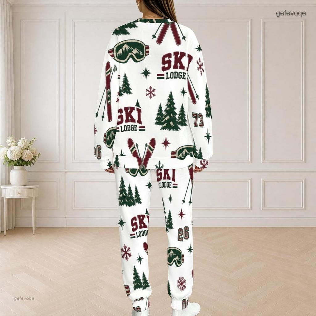 Women Plus Size Bicycle Printed Round Neck Long Sleeve Top And Long Pants Two Piece Set