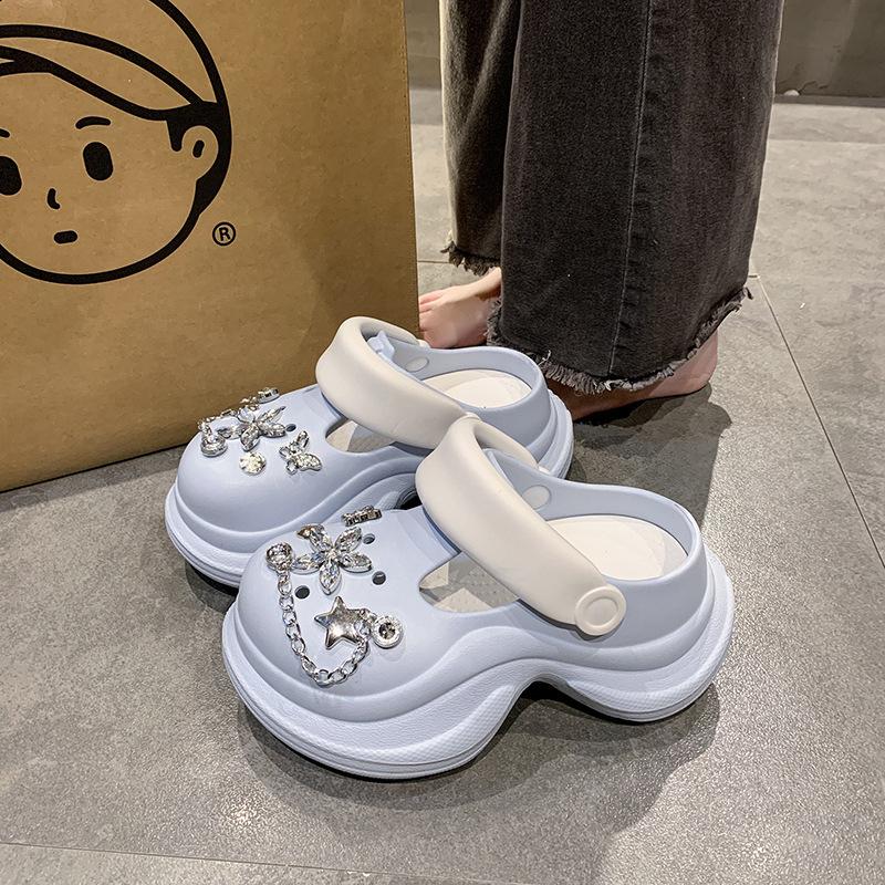 Spring and summer 2025 new rhinestone heightening hole shoes women's tide non-slip thick sole two wear bag head slippers women's shoes