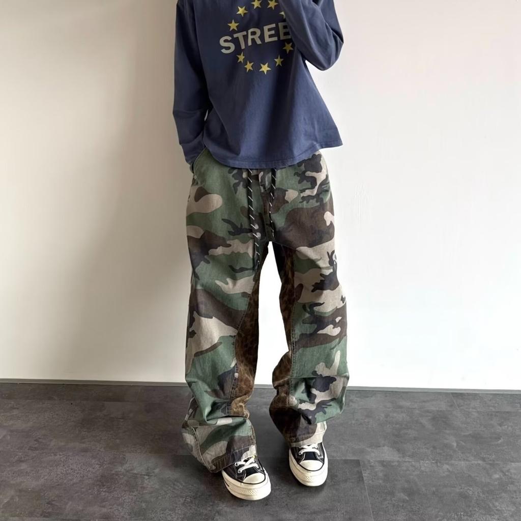 European and American trendy brand splicing camouflage tooling casual pants men's slim straight elastic washed versatile trousers autumn new models