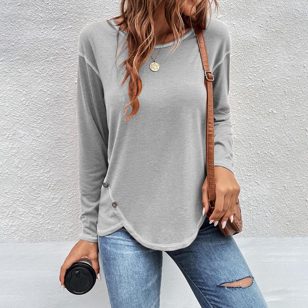 Eco Friendly Long Sleeve T Shirt With Buttons And Irregular Hem For Casual Spring Wear