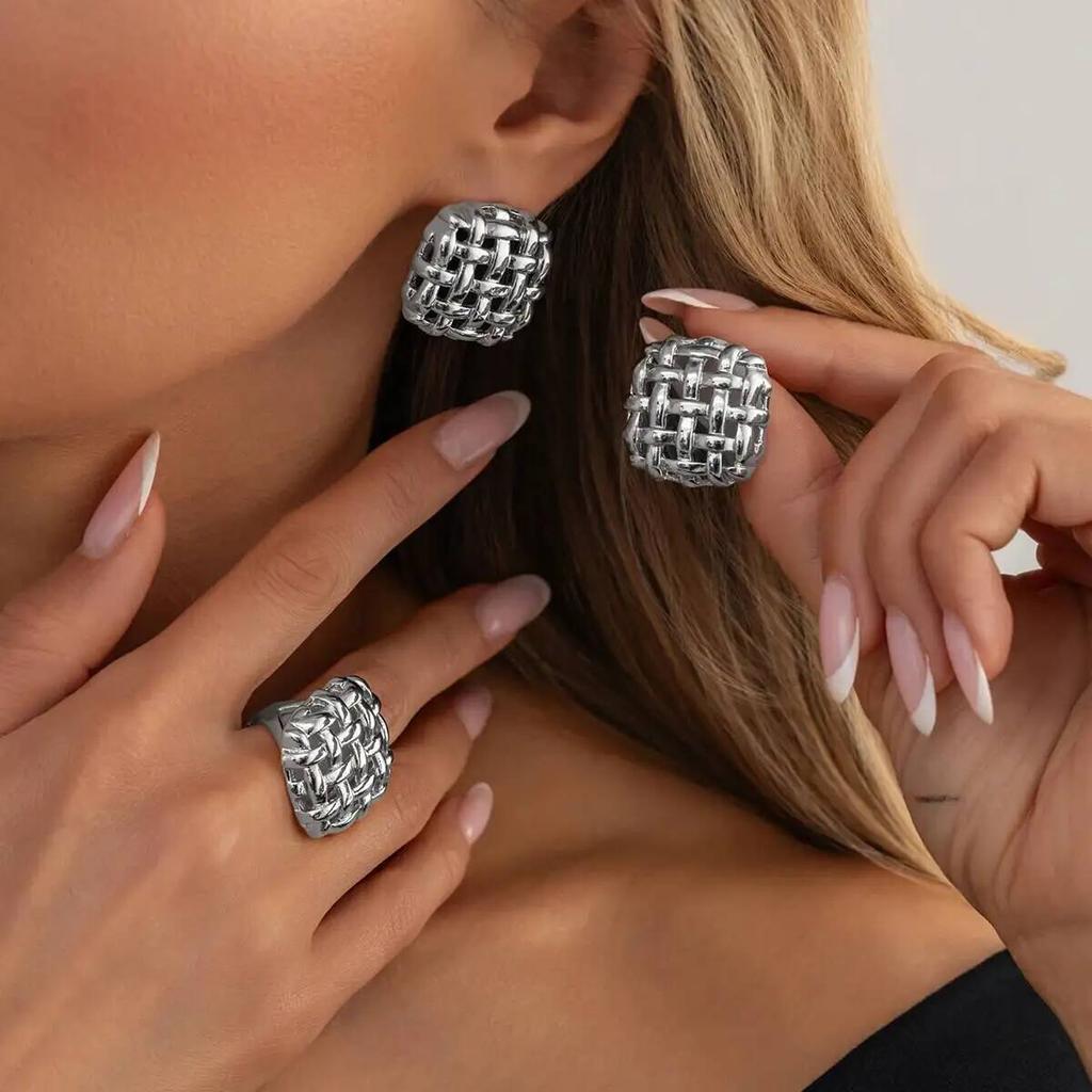 Salircon Retro Gold Color Irregular Chunky Opening Rings Stud Earrings Set Creative Trendy Geometric Knuckle Ring Charm Jewelry