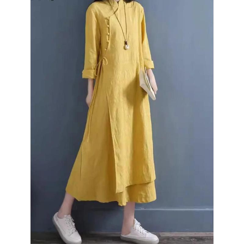 Improved Mandarin Collar Cotton-Linen Dress, Spring Autumn Double-Layer Zen Tea Wear, Artistic Retro Women's Clothing