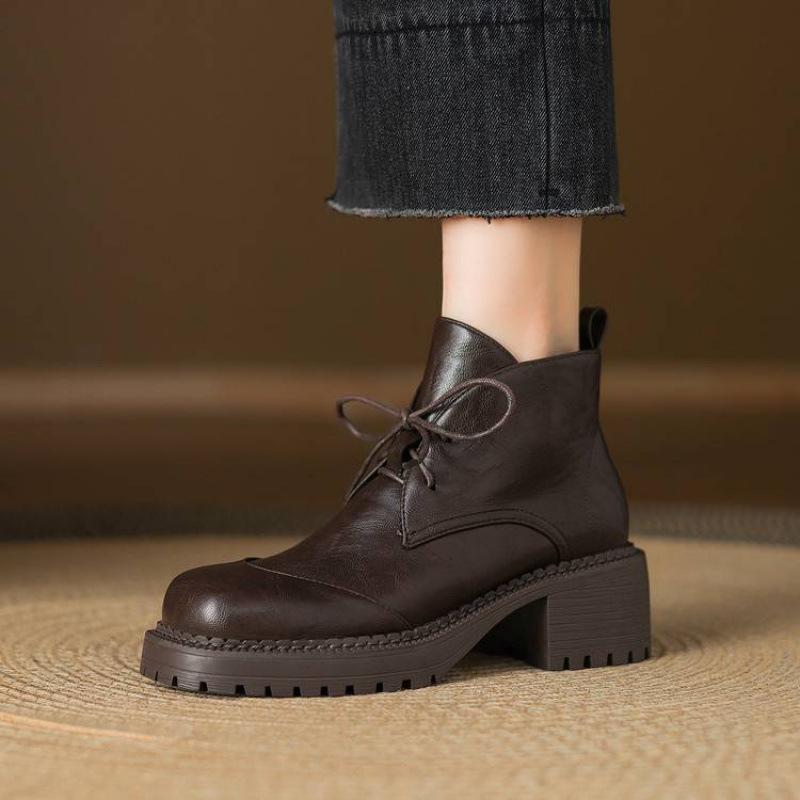 Korean Version of Comfortable High-heeled Large-size Women's Boots Square Head Solid Color Lace-up Square-heeled Medium Boots Autumn and Winter Women