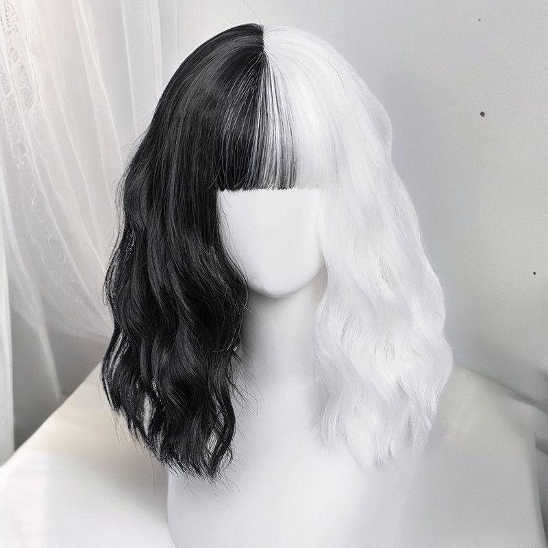 Schwarz-Weiß-Perücke - Mädchen-Yin-Yang-Frisur-Perücke - Schwarz-Weiß-Hexe Kuiaras Halloween-Cosplay Kurze Lockenperücke - Anime Tägliche Cosplay-Perücke