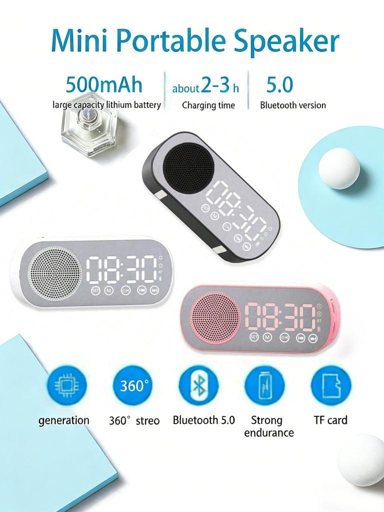 Bluetooth speaker, mirror-faced clock alarm clock smart speaker, bass-heavy FM card insertable small speaker
