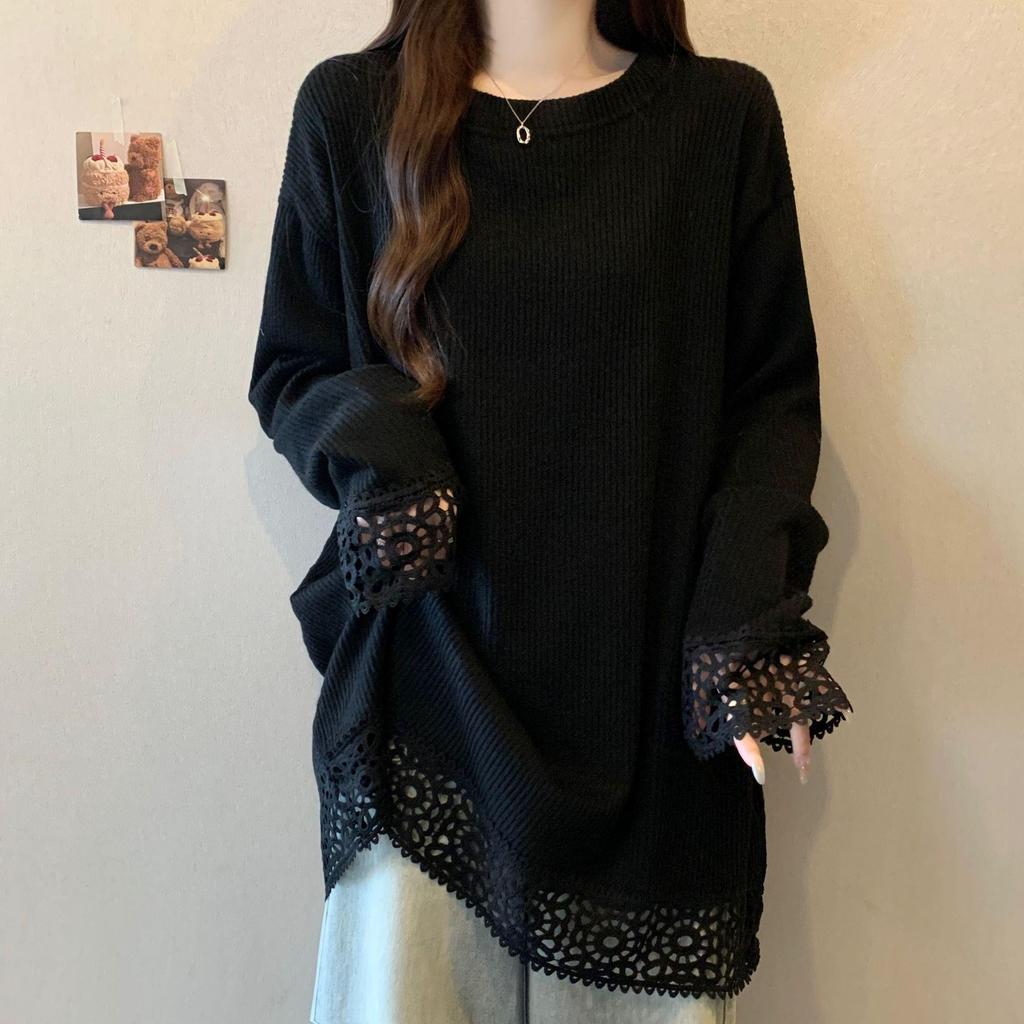 Plus Size Long Sleeve Lace Patchwork T-shirt - Autumn/Winter Slimming Design for Women