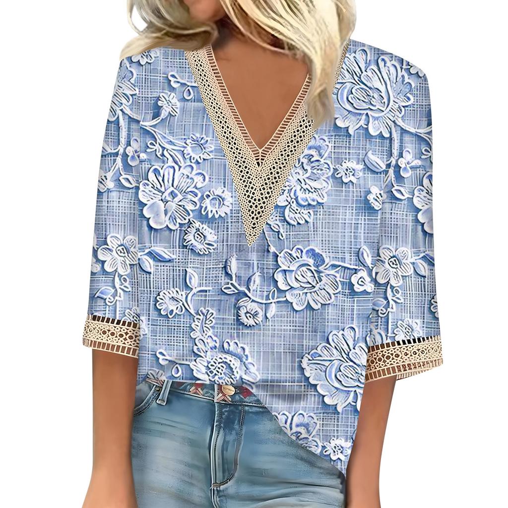 Women's Shirt Blouse Casual Loose Shirts 3/4 Sleeve Lace Trims Print V Neck Tops Print Tops T-shirts Tee