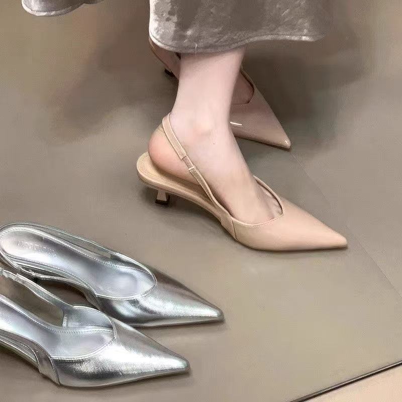 Spring and Summer French Pointed Head Temperament High Heels Thin Heel Shallow Mouth Bag Head Sandals Retro Commuting Empty Single Shoes