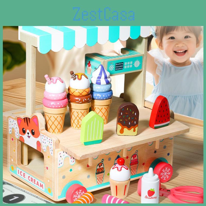 Wooden Ice Simulation Cream Cart Children Role Playing Toy Set For Imagine Play