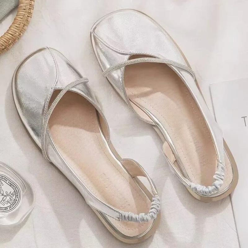 

2025 Hot Flat Square Toe Single Shoes Leather Shoes Spring Summer Sandals Elastic Rear Strap Mary Jane Shoes Woman Solid Color 35 срібний