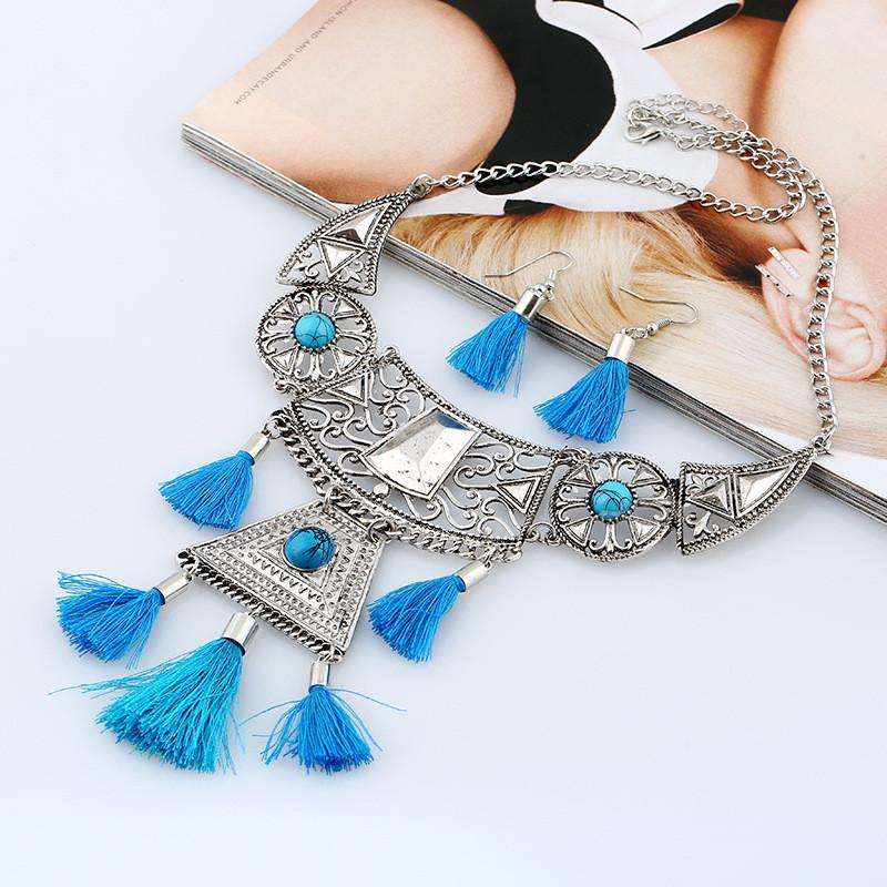 Ethnic Simulation Style Gemstone Decoration Women Necklace With Tassel Design
