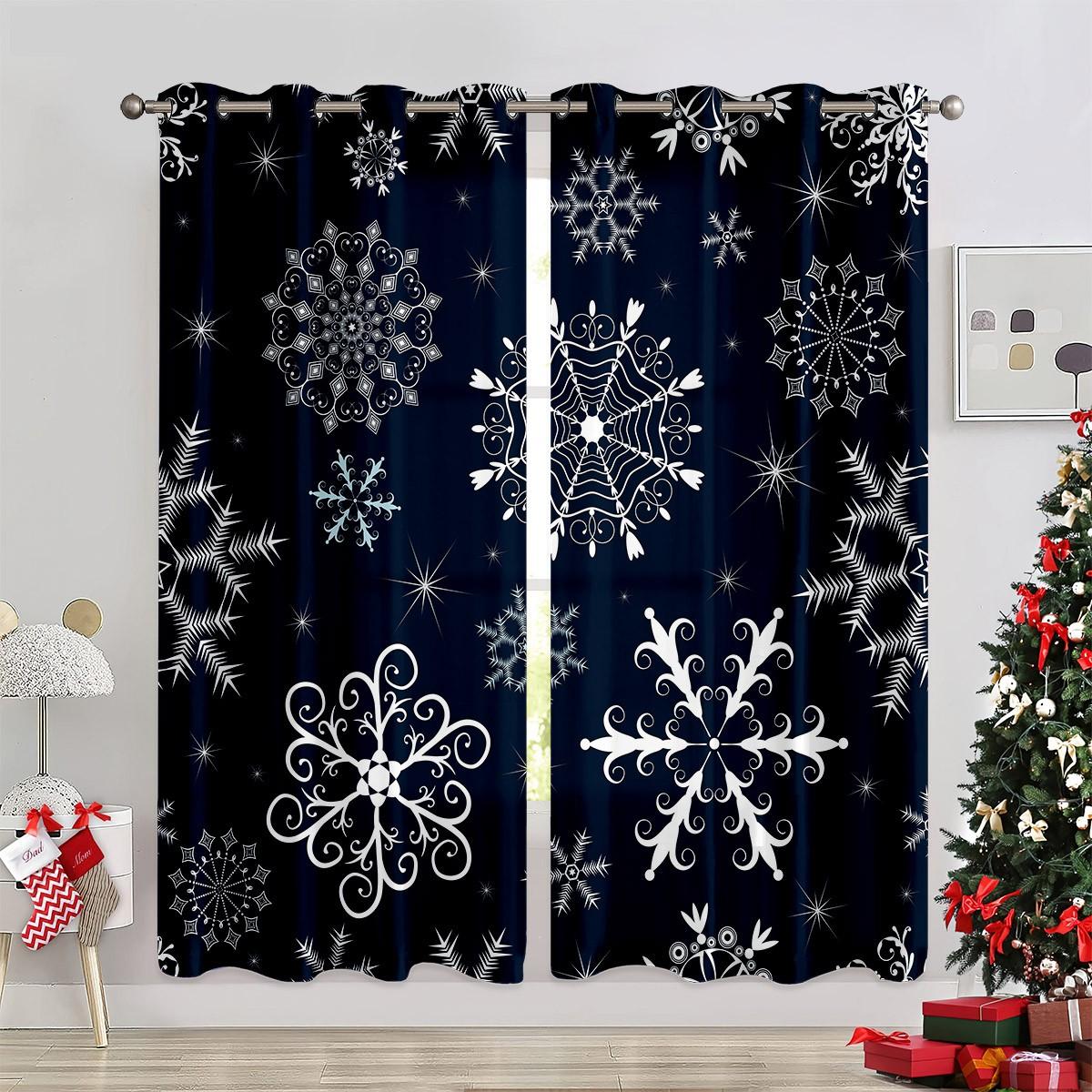 

Christmas Decoration Curtains Snowflakes Tree Living Room Bedroom Fireplace New Year Made Of Polyester Area Window Treatment W100*H130(CM)-Grommet top&2PCS