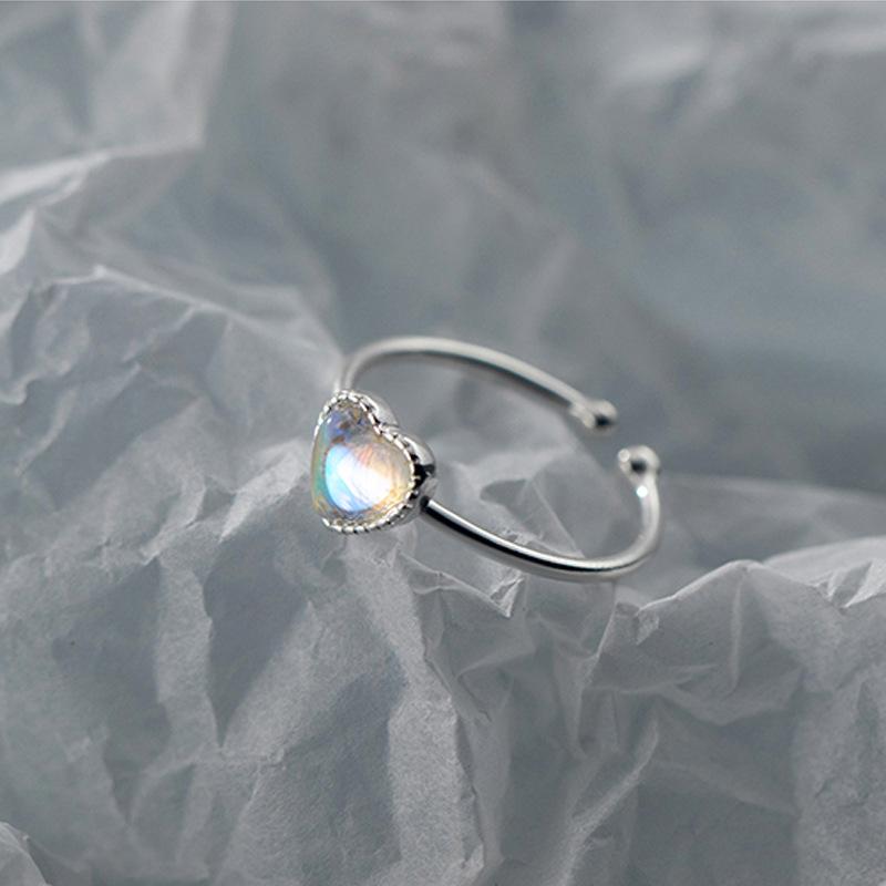 Gradual Change Aurora Colorful Moonstone Love Open Ring Light Luxury Heart Index Finger Ring Sweet And Cool Style
