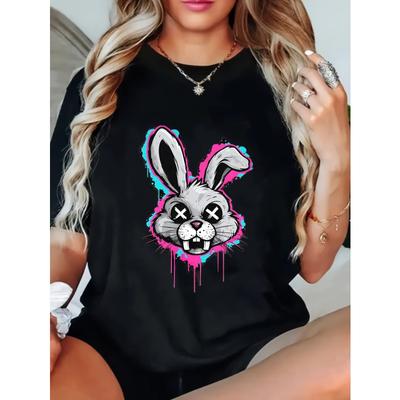 Buntes T-Shirt für Damen mit kurzen Ärmeln, bedruckt mit einem Totenkopf-Hasenkopf im Graffiti-Stil