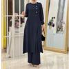 2024 Elegant Solid Color Muslim Women's Two-Piece Suit: Long Side-Slit Shirt & Wide-Leg Pants