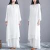 Women 2 Piece Linen Outfit Set, Loose Long Sleeve Maxi Dress + Wide Leg Pants, Casual Chinese Style Layered Suit
