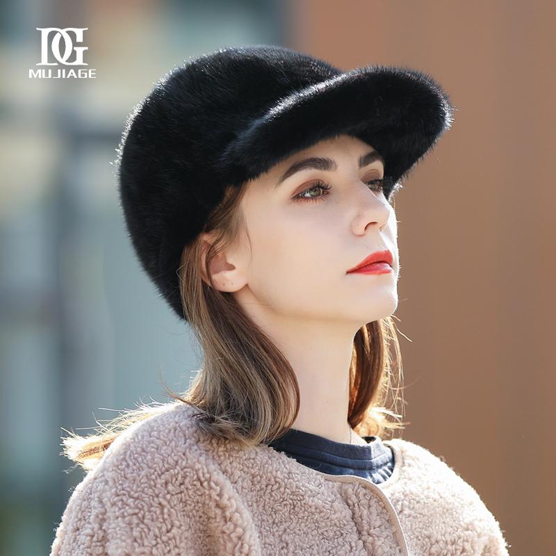 

Норковая шапка, женская зимняя новая бейсболка, модная универсальная шапка из норки, теплая меховая шапка One Size(55-60cm) чёрный