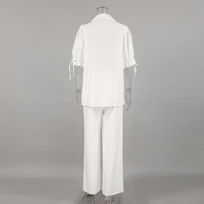 Womens White Cotton Linen Blouse Pants Set Casual 2-Piece Outfit With Puff Sleeves