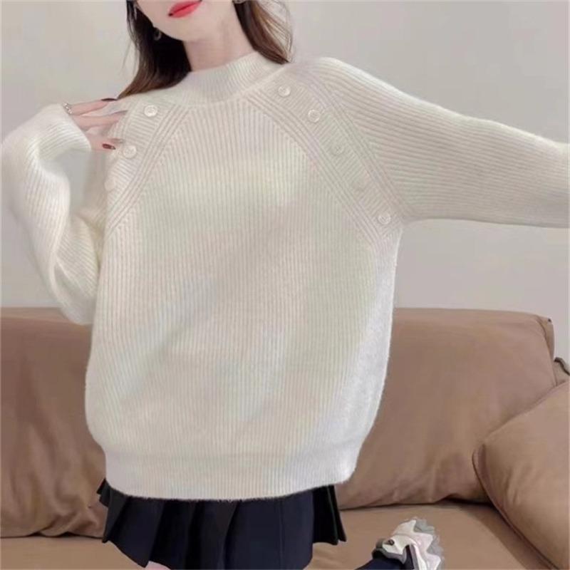 

Женские однотонные универсальные свитера в стиле ленивой моды на осень и зиму, свободные и тонкие вязки, базовые слои с полувысоким воротом one size покинуть белый