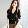 Summer Knitted Sweater Women Half Sleeve V-Neck Knitted Top Thin Loose Pearl Knitted T-shirt