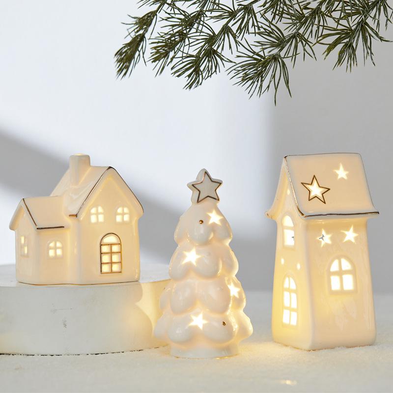 Christmas Ceramic Glowing Tree House Ornament - Desktop Scene Decoration Prop & Gift