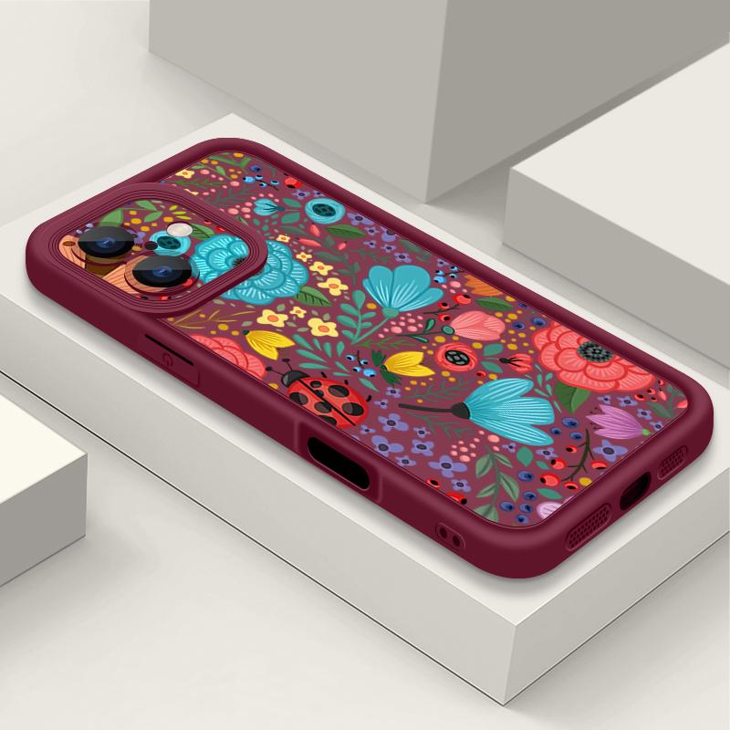 Colorful Flowers Ladybug Pattern Shockproof Phone Case For iPhone 16e 16 15 14 Pro Max 13 12 Pro 11 14 15 16 Plus Silicone Soft Matte Cover Fundas
