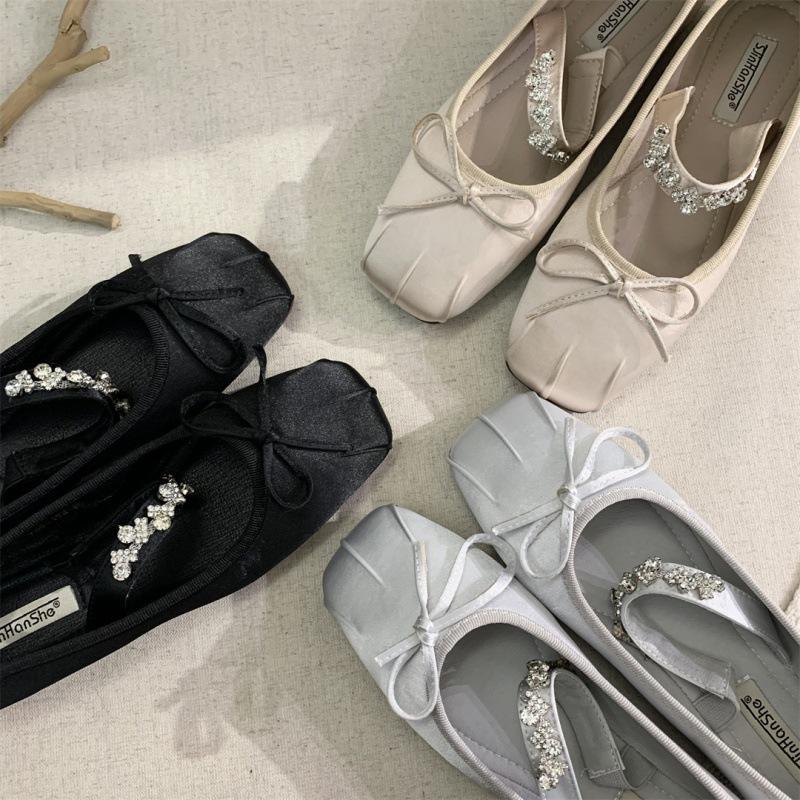 2025 spring and autumn new fairy style bow French single shoes one word rhinestone flat Mary Jane shoes women's shoes