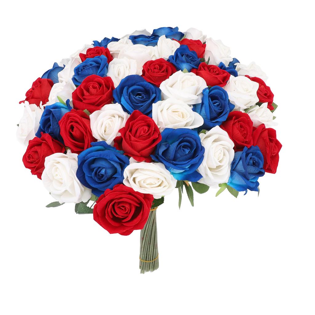 50-teiliges Set Künstliche Rosen Rot Blau Weiß Realistischer Rosenstrauß für Tischdekoration Gedenkfeier